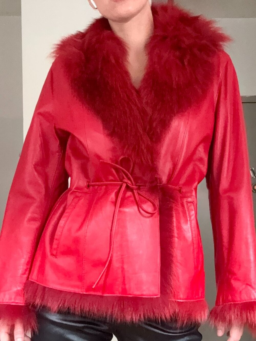 Vintage Y2K Red Leather Real Fur Trim Jacket Coat Belted Size M Penny Lane
